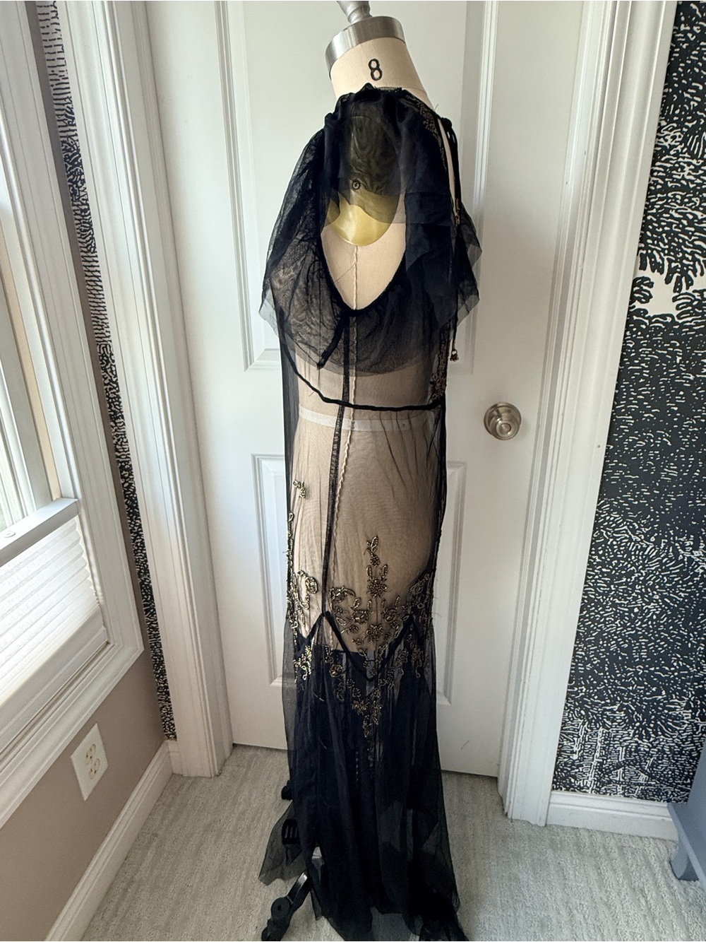 Free People Annabelle Sheer Black Mesh Maxi Dress with Gold Embroidery NEW - Picture 8 of 13